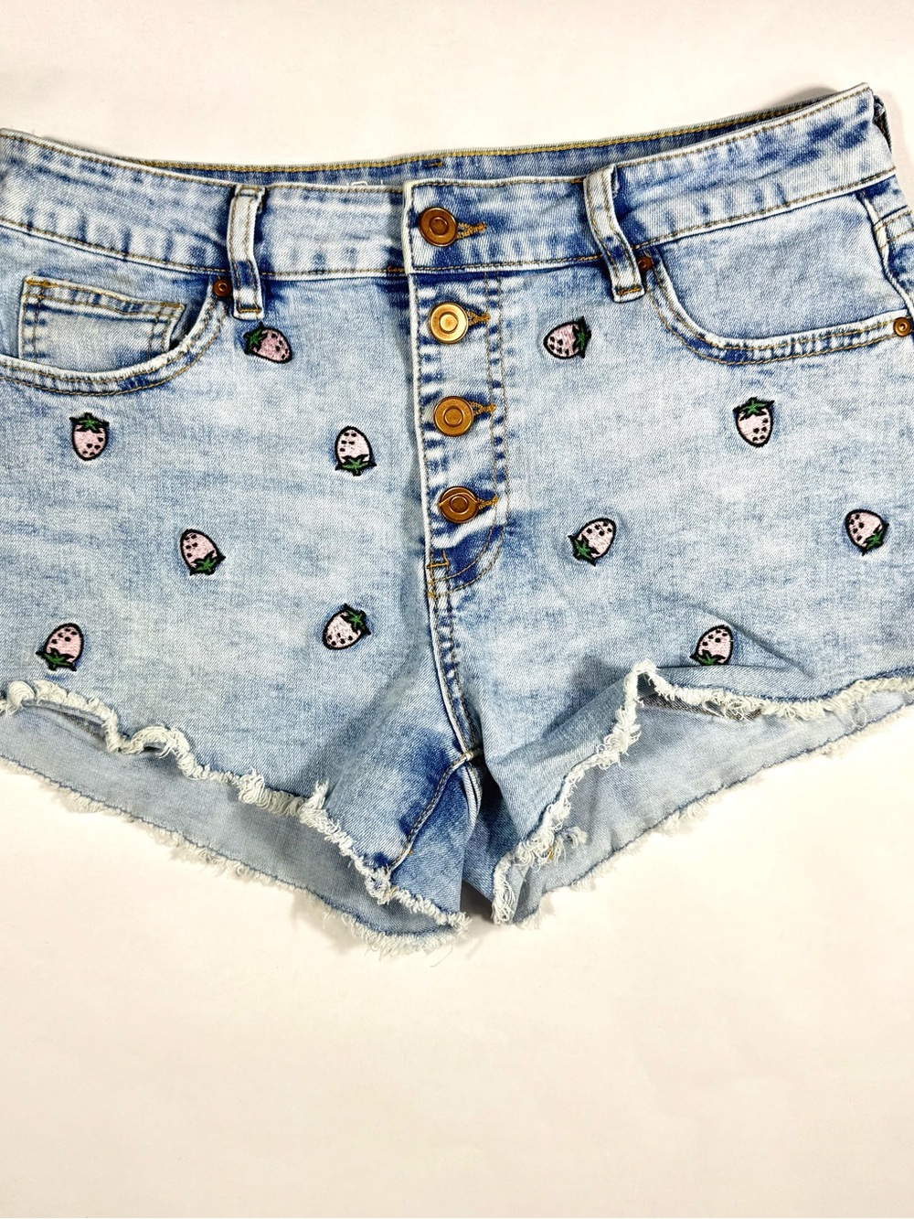 No Boundaries Light Wash Denim Shorts with Pink Strawberry Embroidery